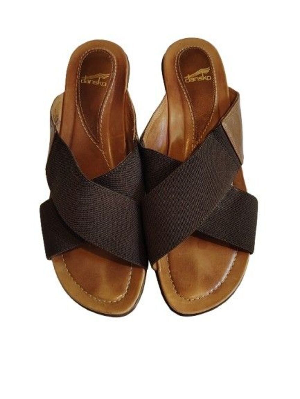 Dansko Brown Elastic Crisscross Wedge Sandals Mules Size 37 US 7 - Picture 3 of 9